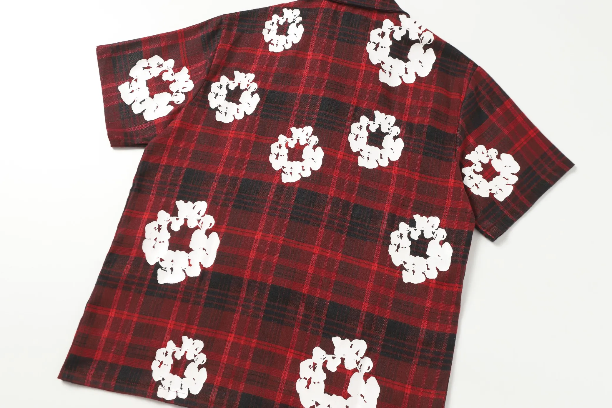 P116 388 DENIM TEARS Kapok European and American trendy brand high-quality plaid short-sleeved shirt set Color Red Gray Yellow Size S-XL